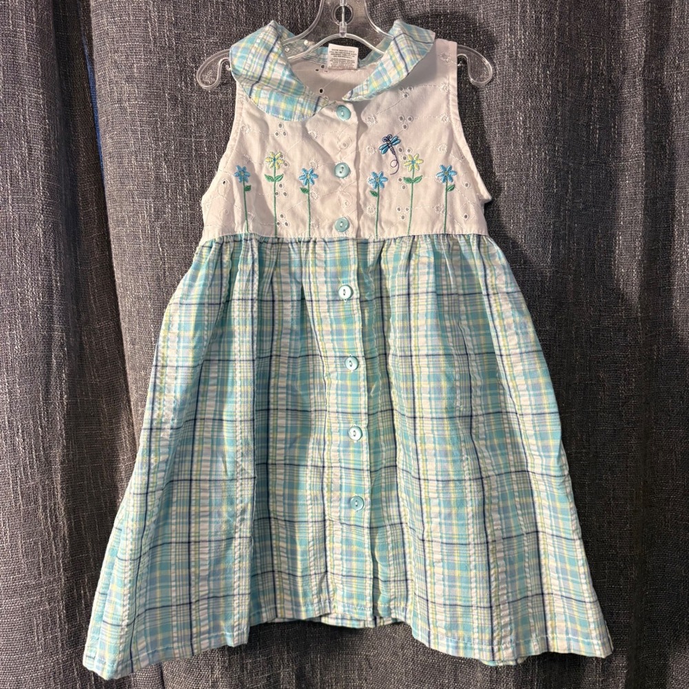 Fisher Price Blue Green Plaid Embroidered Dragonfly Button Front Dress (Girl 2T)